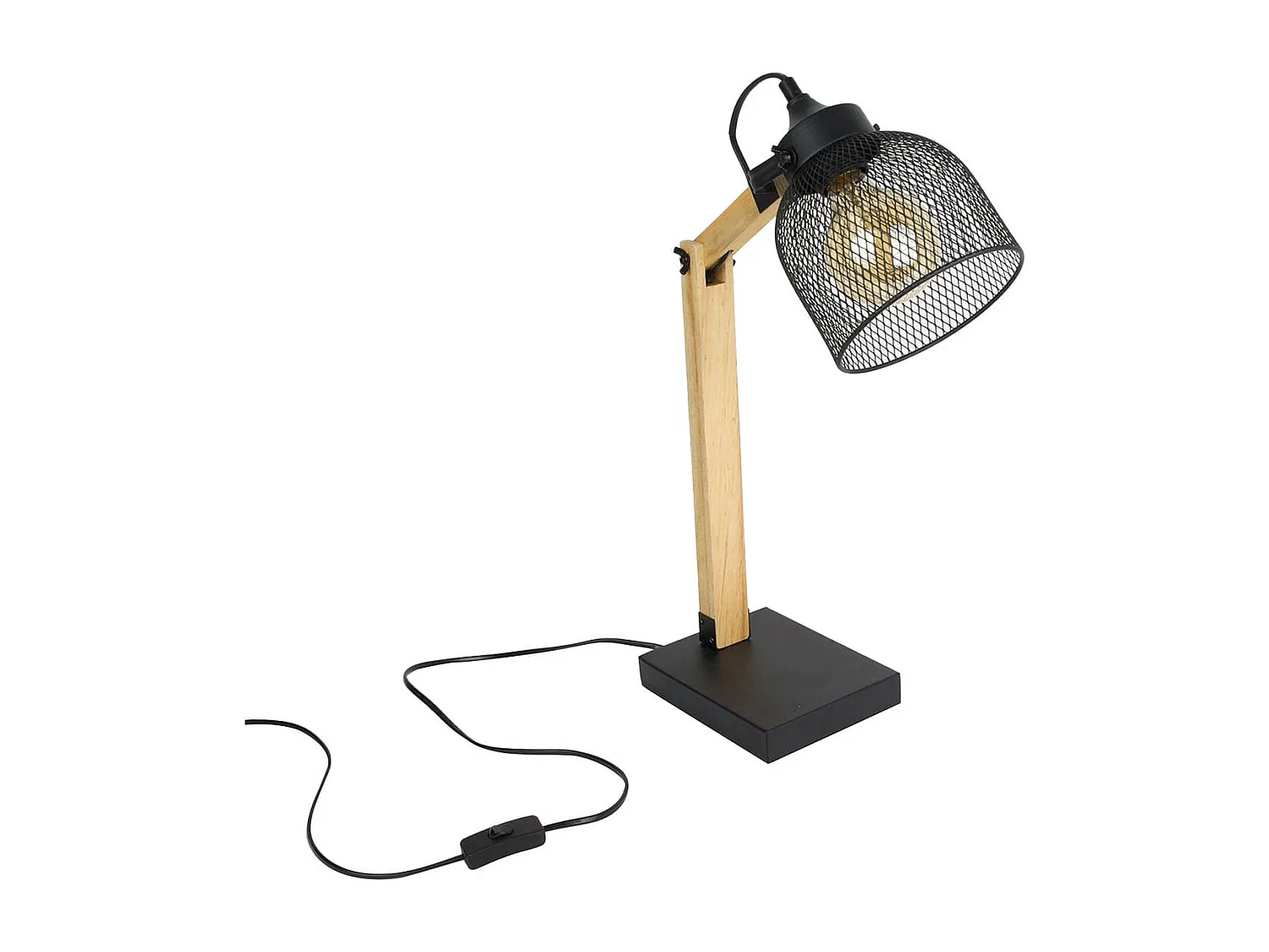 Lampe à Poser Style Industriel Grille Métal Noir et Bois - HERVIC