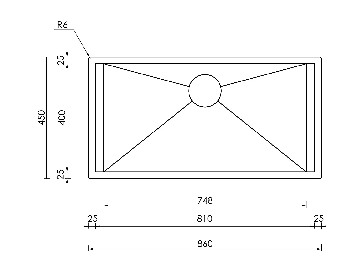 Lavello FOCUS 3" 1 vasca ACCIAIO INOX INCASSO SOTTOTOP  86X45 prof.19