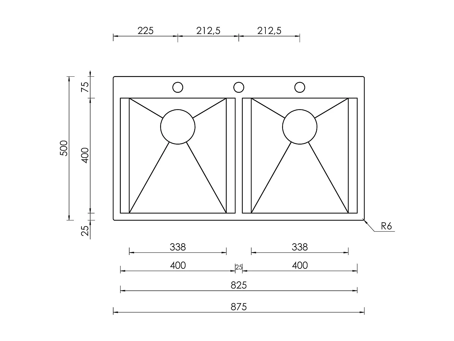 Lavello FOCUS MIX 3"  2 vasche ACCIAIO INOX INCASSO SLIM 87,5X50 prof. 19