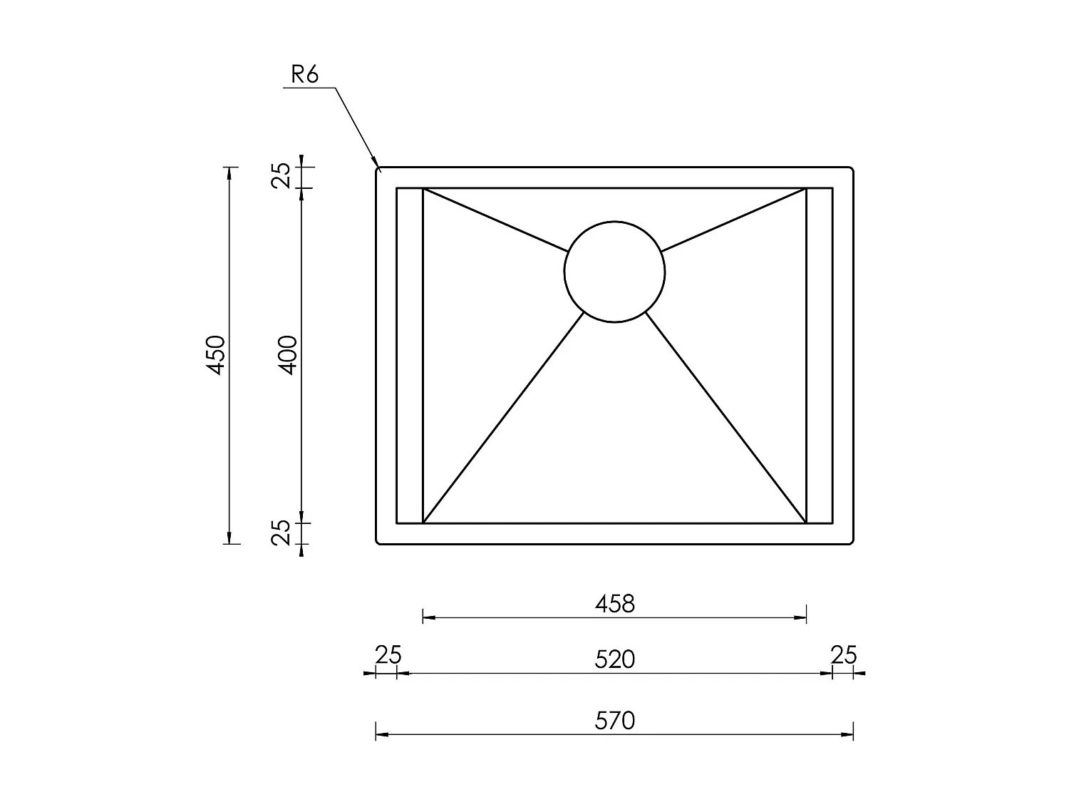 Lavello FOCUS 3" 1 vasca ACCIAIO INOX INCASSO SOTTOTOP  57X45 prof 19