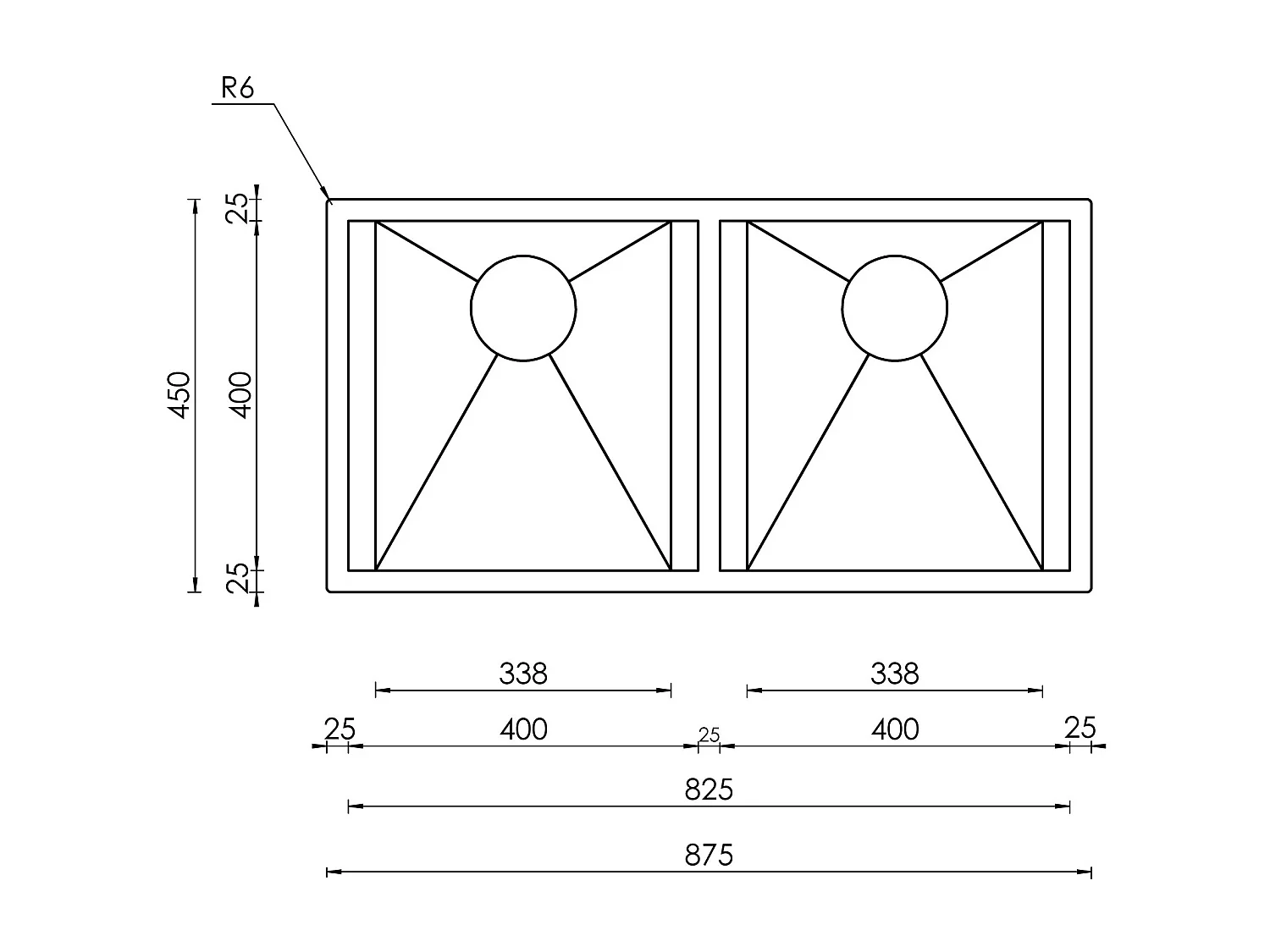 Lavello FOCUS 3" 2 vasche ACCIAIO INOX INCASSO SOTTOTOP  87,5X45 prof.19