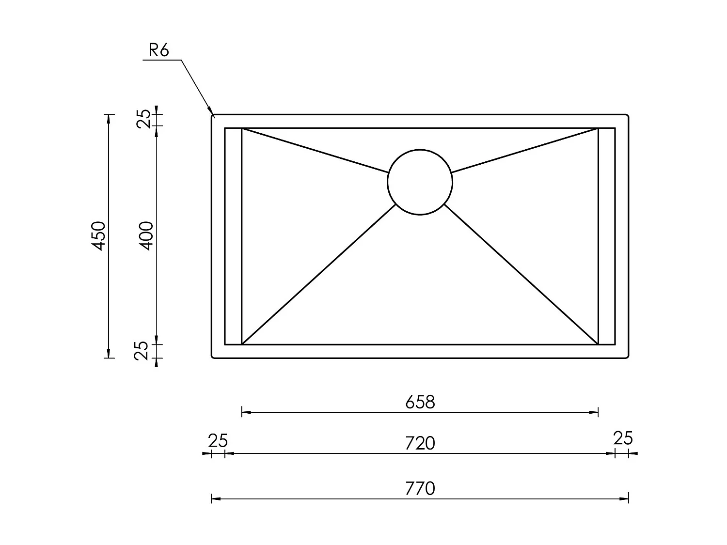 Lavello FOCUS 3" 1 vasca ACCIAIO INOX INCASSO SOTTOTOP  77X45 prof. 19