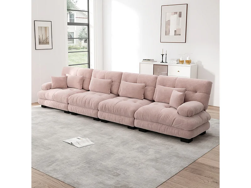 Canapé 4 places en tissu chenille rose - avec 6 oreillers - cadre en bois massif - 406x77x81cm