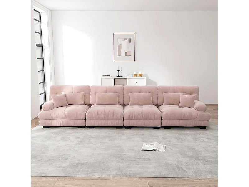 Canapé 4 places en tissu chenille rose - avec 6 oreillers - cadre en bois massif - 406x77x81cm