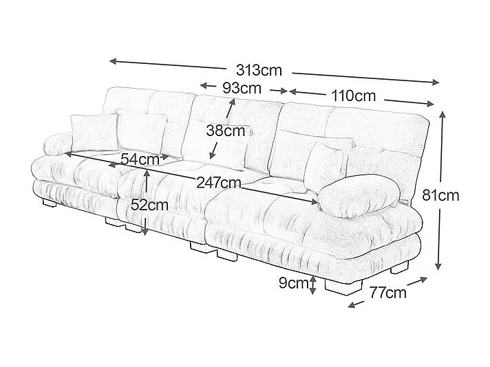 Grand canapé gris - 3 places - avec 5 oreillers - cadre en bois massif - Chenille - 313x77x81cm
