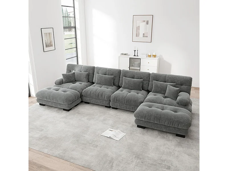 Canapé 4 places d'angle modulable - avec 2 pouf et 6 oreillers - DIY en forme de U/L - 406x145x81cm - Gris