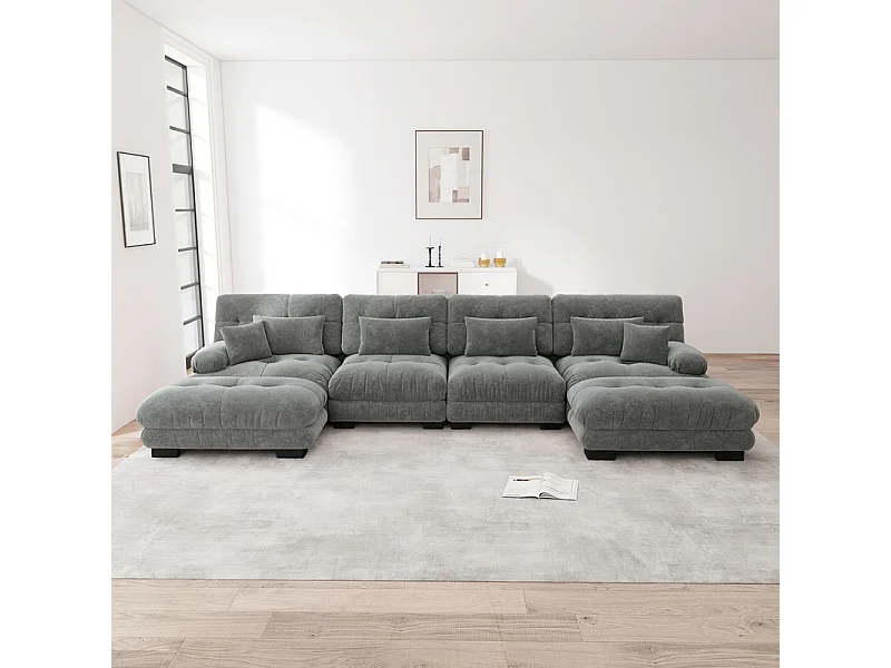 Canapé 4 places d'angle modulable - avec 2 pouf et 6 oreillers - DIY en forme de U/L - 406x145x81cm - Gris