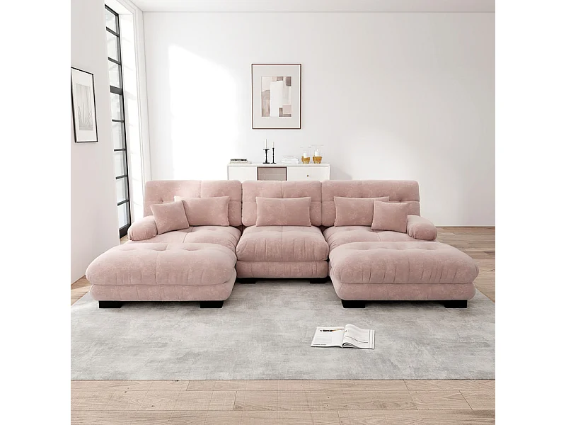 Gran sofá esquina modular - 3 plazas - con 2 pouf y 5 cojines - tejido felpa rosa - 313x145x81cm