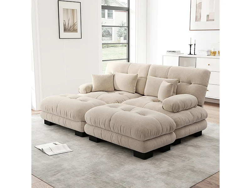 Ecksofa 2-Sitzer + 2 Hocker - mit 4 Kissen - Chenille Stoff beige - 220x145x81cm