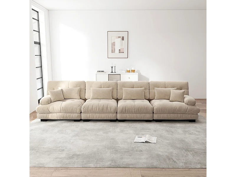 Sofá 4 plazas tejido felpa beige - con 6 cojines - estructura madera maciza - 406x77x81cm