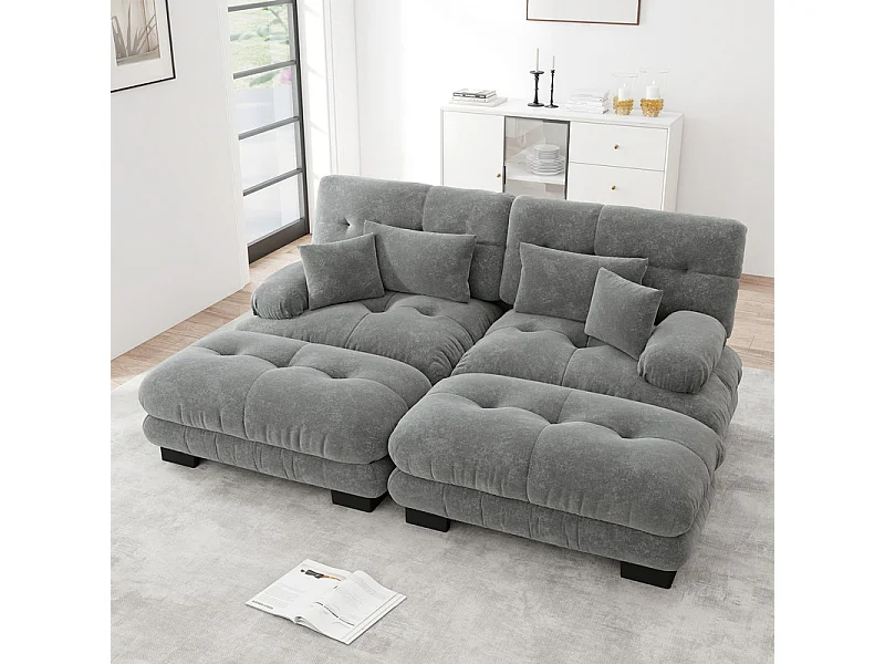 Canapé 2 places d'angle + 2 poufs - avec 4 oreillers - tissu chenille gris - 220x145x81cm