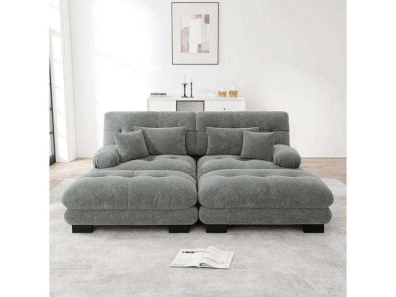 Canapé 2 places d'angle + 2 poufs - avec 4 oreillers - tissu chenille gris - 220x145x81cm