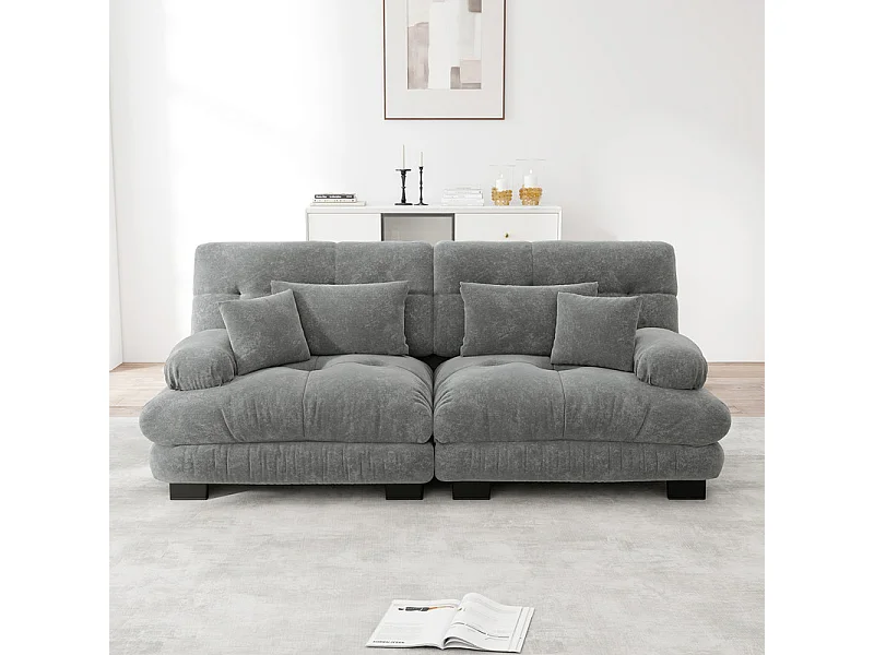 Canapé 2 places gris - avec 4 oreillers - cadre en bois massif + tissu chenille - 220x77x81cm