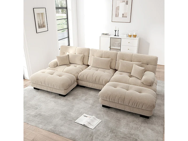 Gran sofá esquina modular - 3 plazas - con 2 pouf y 5 cojines - tejido felpa beige - 313x145x81cm
