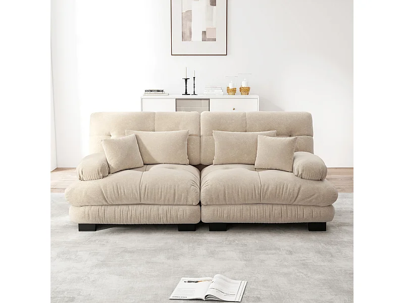 Canapé 2 places beige - avec 4 oreillers - cadre en bois massif + tissu chenille - 220x77x81cm