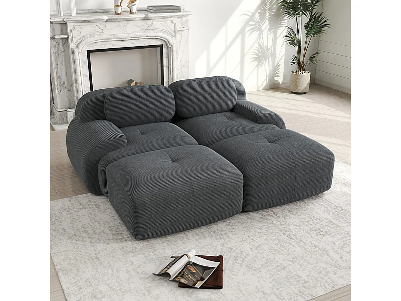 Modulaire bank ribfluweel - 2-zits - met 2 kussens en 2 poufs - antislip onderkant - 208x178x70cm - Grijs