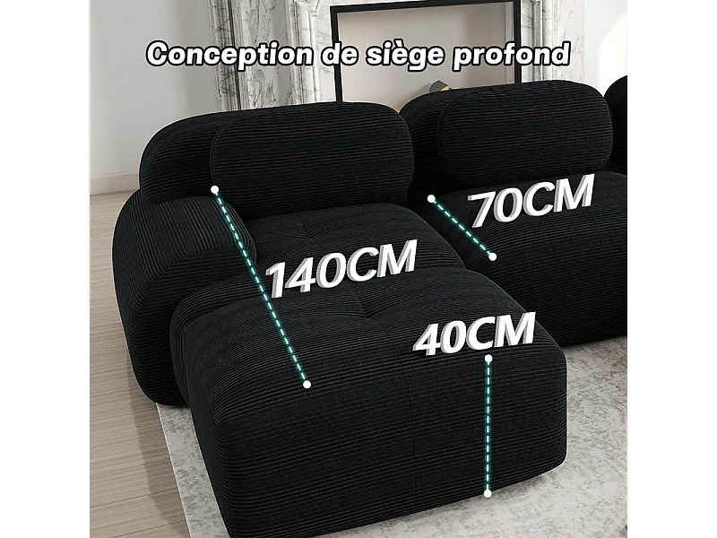Canapé modulable 3 places + 3 pouf - velours côtelé - avec 3 oreillers - 32kg/m³ densité assise - 298x178x70cm - Noir