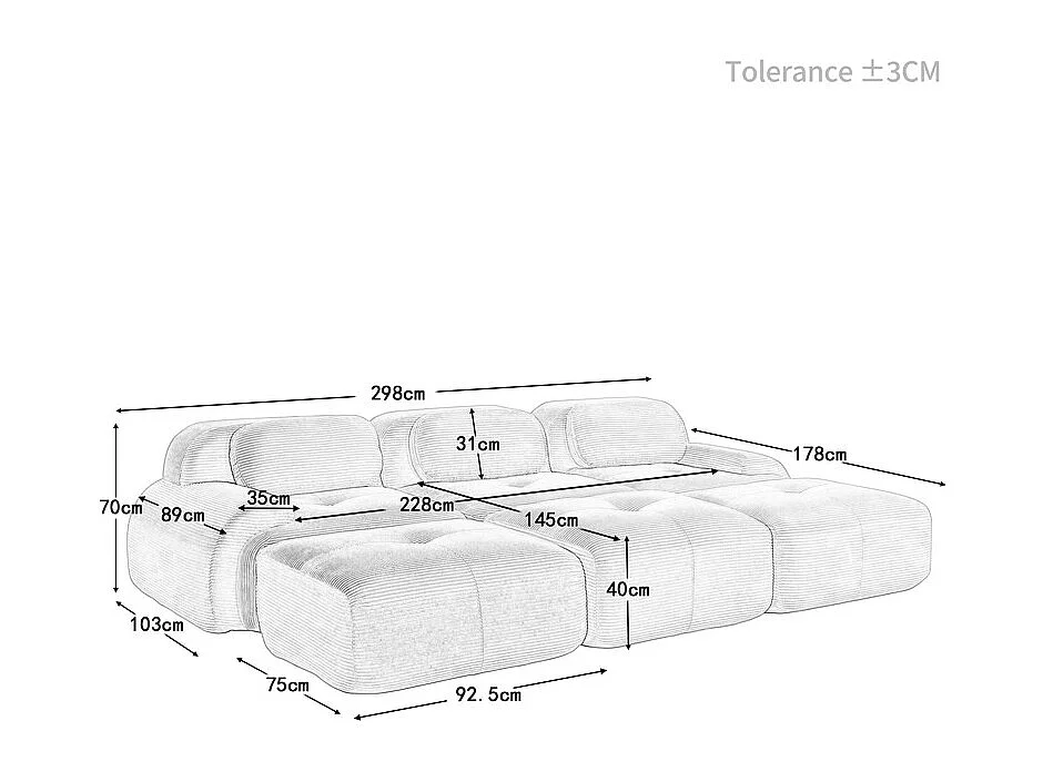 Canapé modulable 3 places + 3 pouf - velours côtelé - avec 3 oreillers - 32kg/m³ densité assise - 298x178x70cm - Beige
