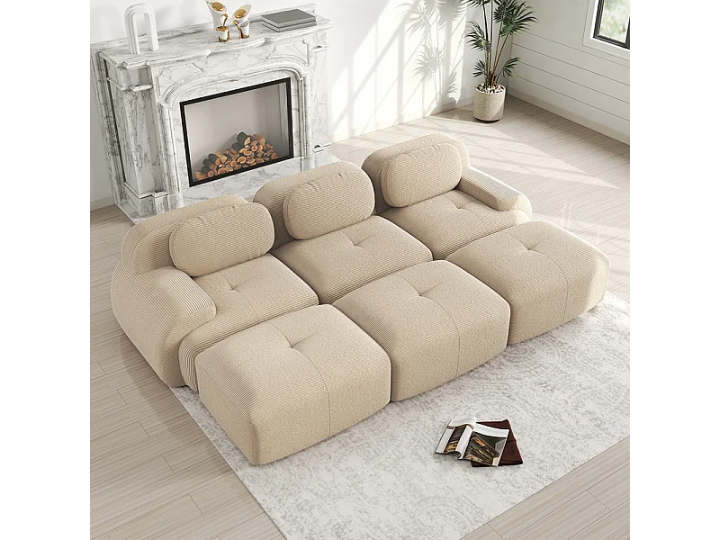 Canapé modulable 3 places + 3 pouf - velours côtelé - avec 3 oreillers - 32kg/m³ densité assise - 298x178x70cm - Beige
