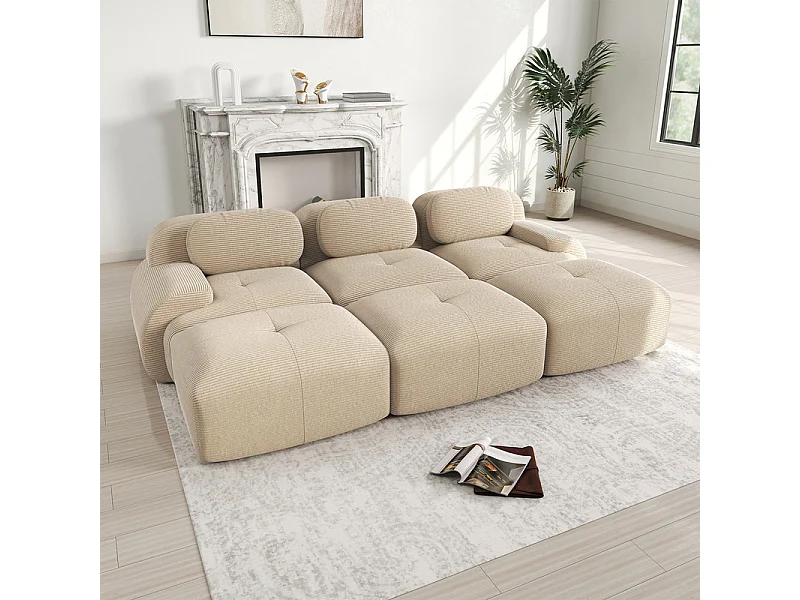 Canapé modulable 3 places + 3 pouf - velours côtelé - avec 3 oreillers - 32kg/m³ densité assise - 298x178x70cm - Beige