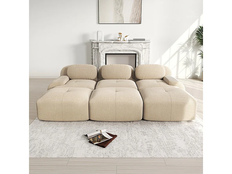 Canapé modulable 3 places + 3 pouf - velours côtelé - avec 3 oreillers - 32kg/m³ densité assise - 298x178x70cm - Beige