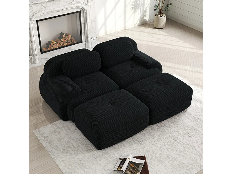 Canapé modulable en velours côtelé - 2 places - avec 2 oreillers et 2 pouf - dessous antidérapant - 208x178x70cm - Noir