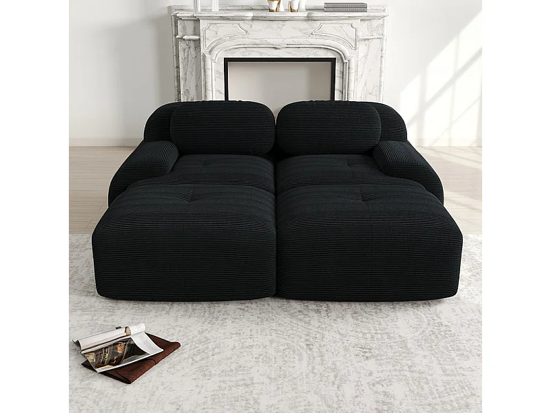Canapé modulable en velours côtelé - 2 places - avec 2 oreillers et 2 pouf - dessous antidérapant - 208x178x70cm - Noir