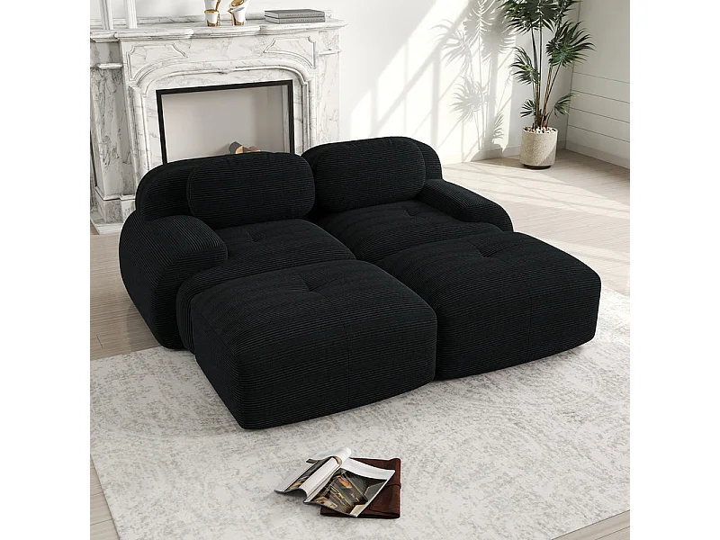 Modulare Sofa Rippvelours - 2-Sitzer - mit 2 Kissen und 2 Hocker - rutschfester Boden - 208x178x70cm - Schwarz