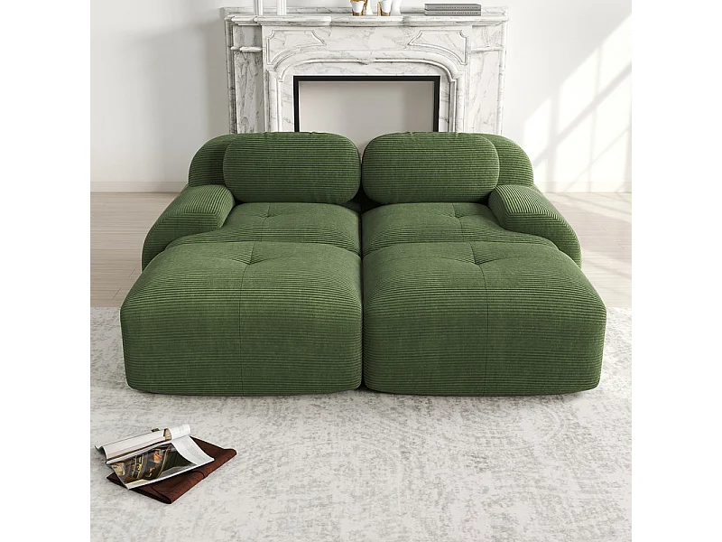 Canapé modulable en velours côtelé - 2 places - avec 2 oreillers et 2 pouf - dessous antidérapant - 208x178x70cm - Vert
