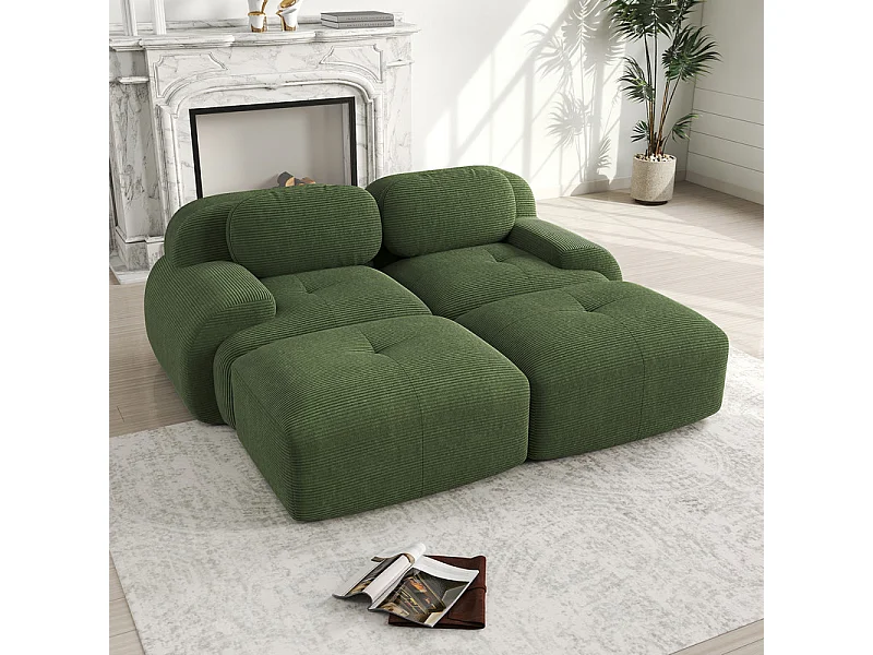 Modulare Sofa Rippvelours - 2-Sitzer - mit 2 Kissen und 2 Hocker - rutschfester Boden - 208x178x70cm - Grün