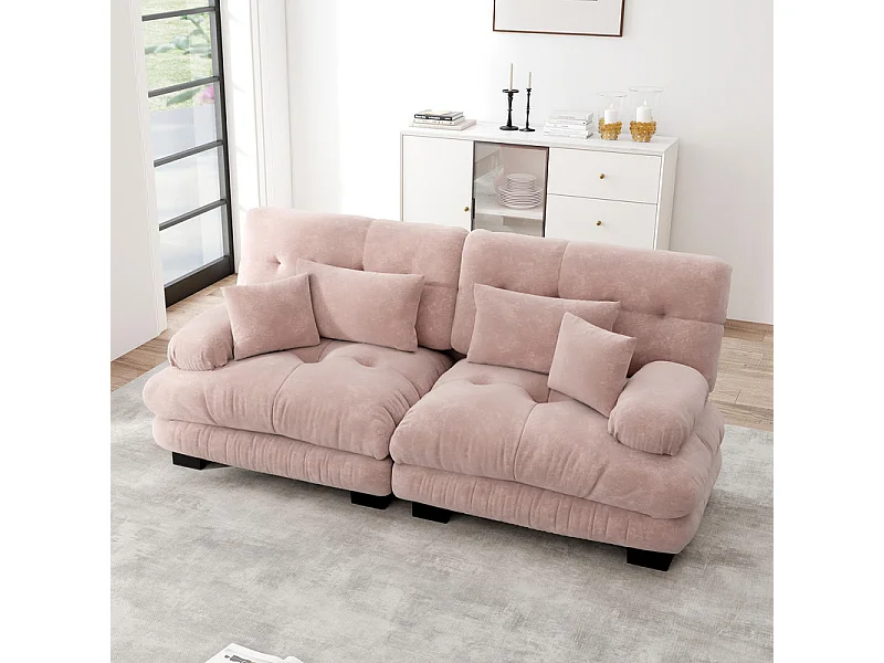 Canapé 2 places rose - avec 4 oreillers - cadre en bois massif + tissu chenille - 220x77x81cm