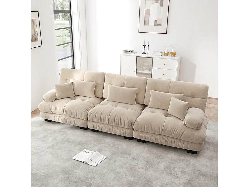 Grand canapé beige - 3 places - avec 5 oreillers - cadre en bois massif - Chenille - 313x77x81cm