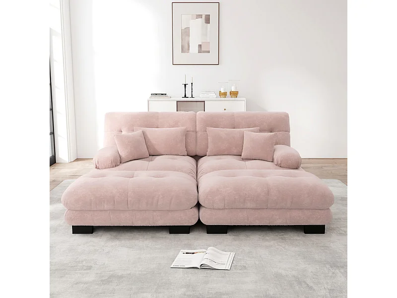Canapé 2 places d'angle + 2 poufs - avec 4 oreillers - tissu chenille rose - 220x145x81cm