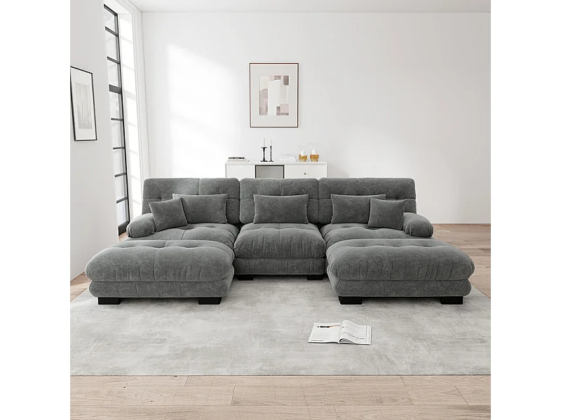 Grand canapé d'angle modulable - 3 places - avec 2 pouf et 5 oreillers - en tissu chenille gris - 313x145x81cm