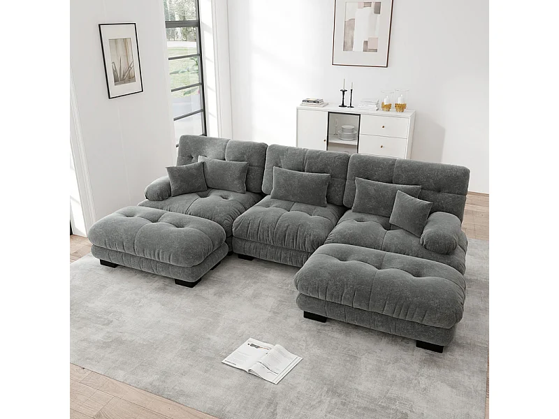 Grand canapé d'angle modulable - 3 places - avec 2 pouf et 5 oreillers - en tissu chenille gris - 313x145x81cm
