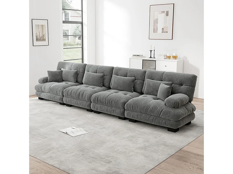 Sofá 4 plazas tejido felpa gris - con 6 cojines - estructura madera maciza - 406x77x81cm