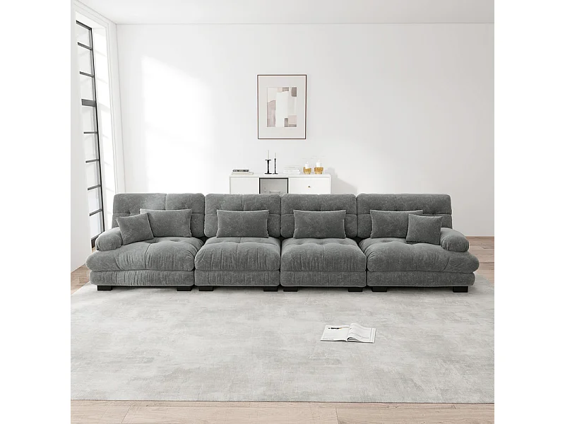 Sofá 4 plazas tejido felpa gris - con 6 cojines - estructura madera maciza - 406x77x81cm