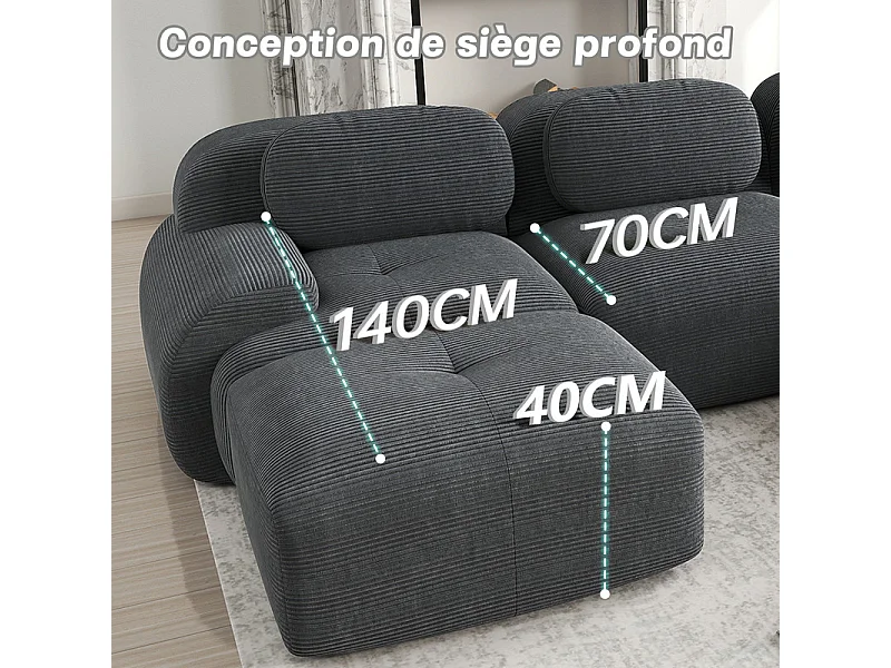 Sofá modular 3 plazas + 3 pouf - pana - con 3 cojines - densidad asiento 32kg/m³ - 298x178x70cm - Gris