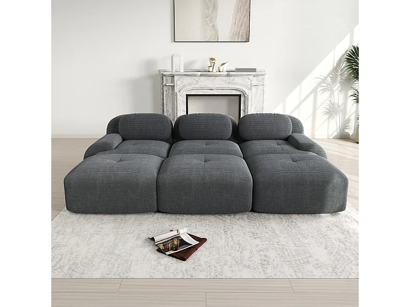 Sofá modular 3 plazas + 3 pouf - pana - con 3 cojines - densidad asiento 32kg/m³ - 298x178x70cm - Gris