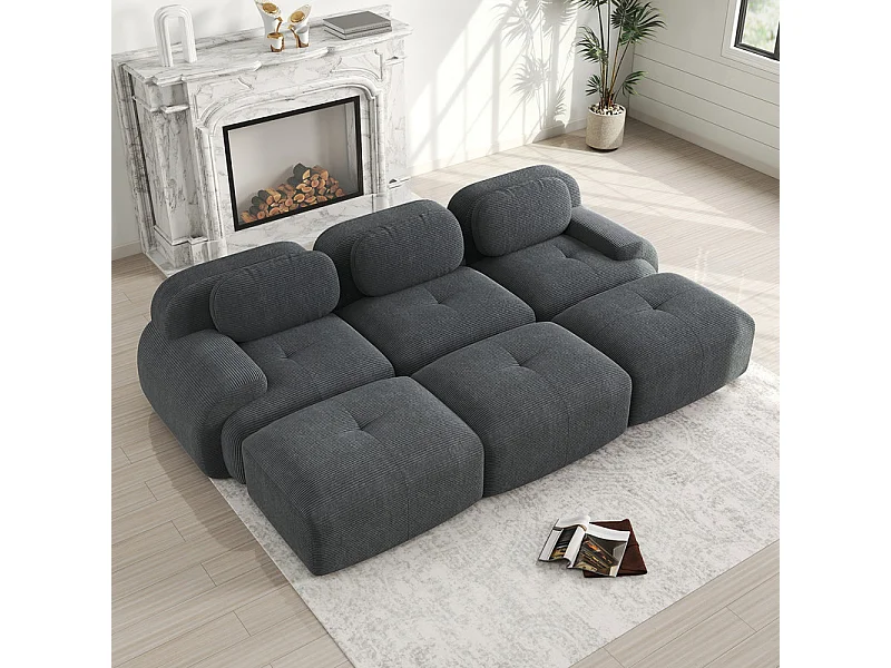 Canapé modulable 3 places + 3 pouf - velours côtelé - avec 3 oreillers - 32kg/m³ densité assise - 298x178x70cm - Gris