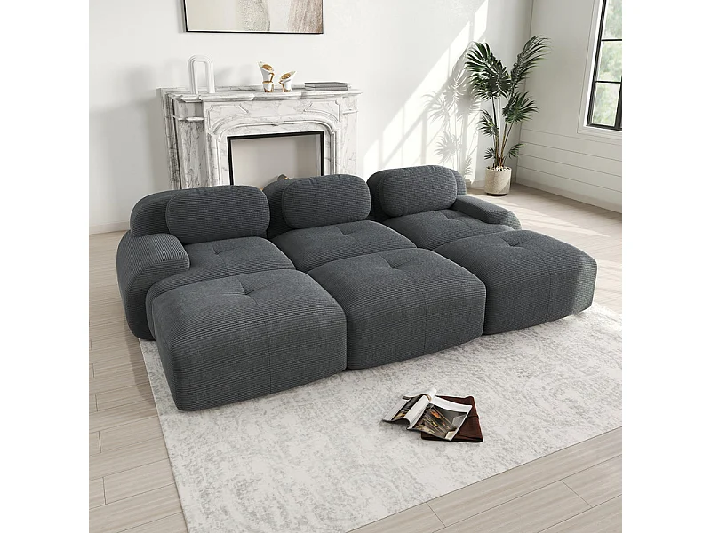 Modulares Sofa 3-Sitzer + 3 Hocker - Rippvelours - mit 3 Kissen - Sitzdichte 32kg/m³ - 298x178x70cm - Grau