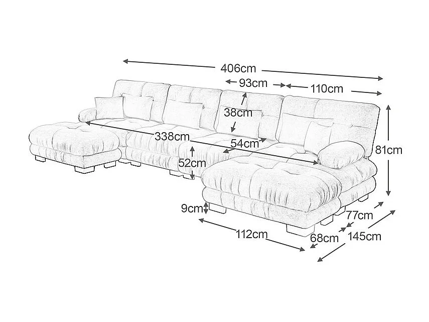 Canapé 4 places d'angle modulable - avec 2 pouf et 6 oreillers - DIY en forme de U/L - 406x145x81cm - Rose