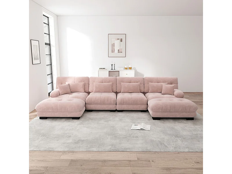 Canapé 4 places d'angle modulable - avec 2 pouf et 6 oreillers - DIY en forme de U/L - 406x145x81cm - Rose