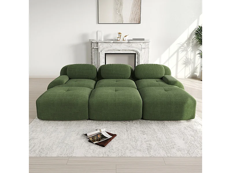 Canapé modulable 3 places + 3 pouf - velours côtelé - avec 3 oreillers - 32kg/m³ densité assise - 298x178x70cm - Vert