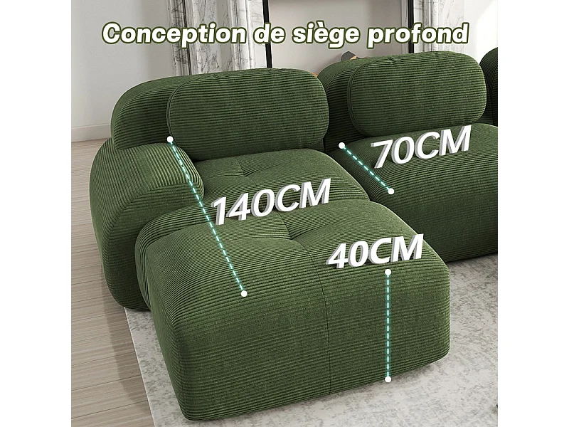 Canapé modulable 3 places + 3 pouf - velours côtelé - avec 3 oreillers - 32kg/m³ densité assise - 298x178x70cm - Vert