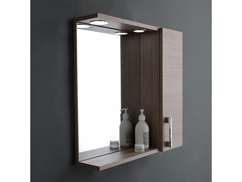 Miroir De Salle De Bain Suspendu Avec Porte Latérale Effet Bois De Chêne Lumière Led