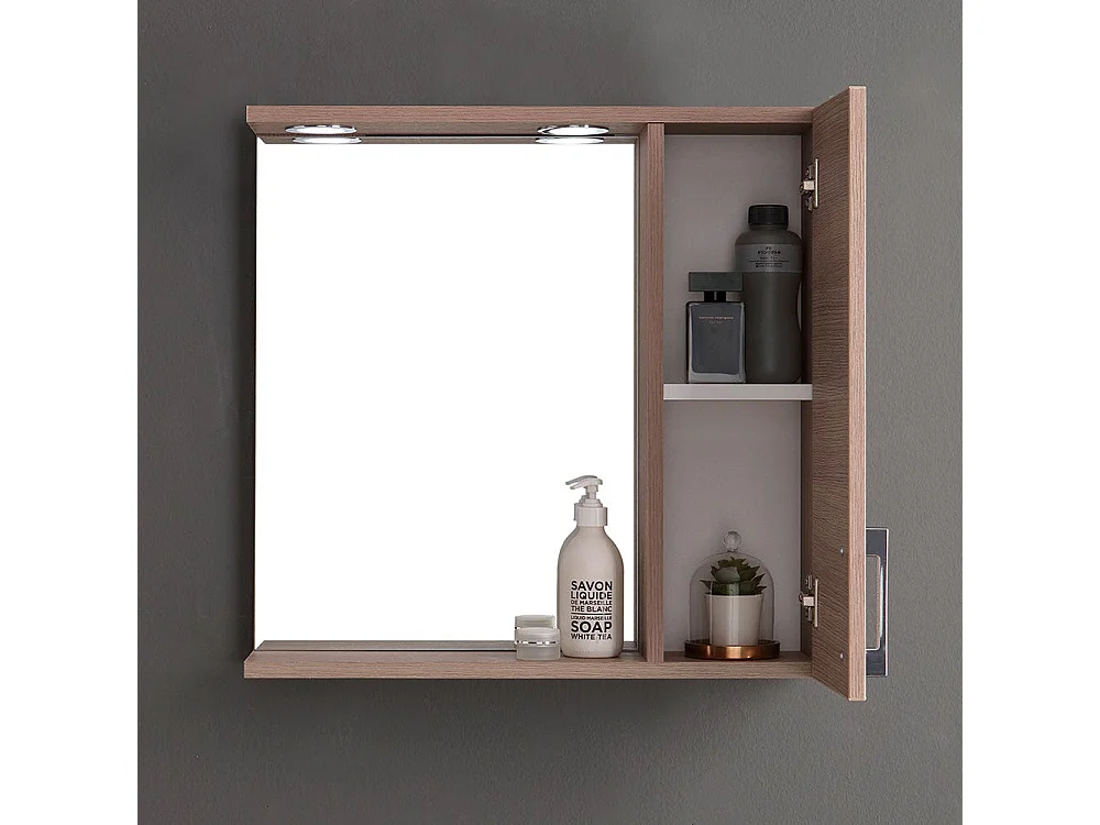 Miroir De Salle De Bain Suspendu Avec Porte Latérale Effet Bois De Chêne Lumière Led