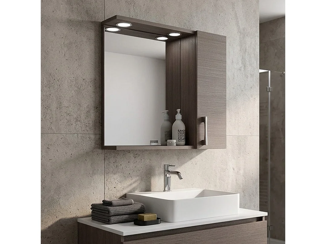 Miroir De Salle De Bain Suspendu Avec Porte Latérale Effet Bois De Chêne Lumière Led