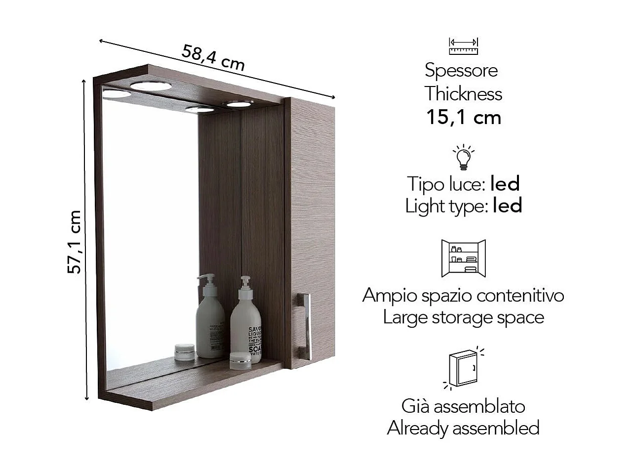 Miroir De Salle De Bain Suspendu Avec Porte Latérale Effet Bois De Chêne Lumière Led