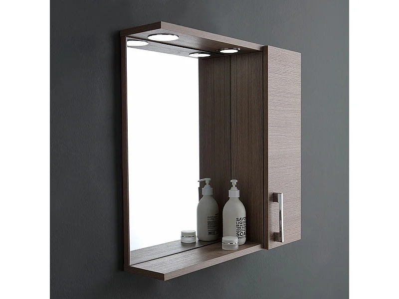 Miroir De Salle De Bain Suspendu Avec Porte Latérale Effet Bois De Chêne Lumière Led